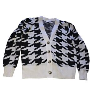 LOFT Houndstooth Cardigan Black White‎ V Neck Button Front Long Sleeve Women L